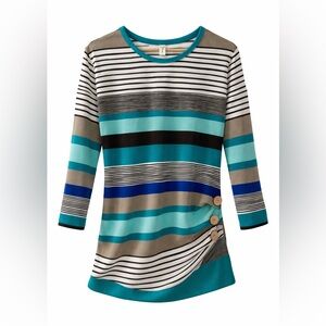 Teal, Turquoise & Blue Striped Crewneck Tunic with Side Buttons